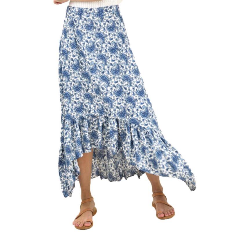 Mάξι φούστα με βολάν και σχέδιο λαχούρια Μπλε 11968