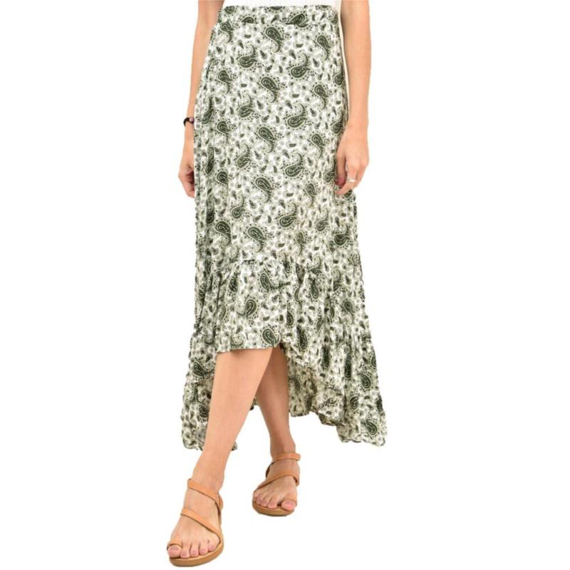 Mάξι φούστα με βολάν και σχέδιο λαχούρια Πράσινο 11970