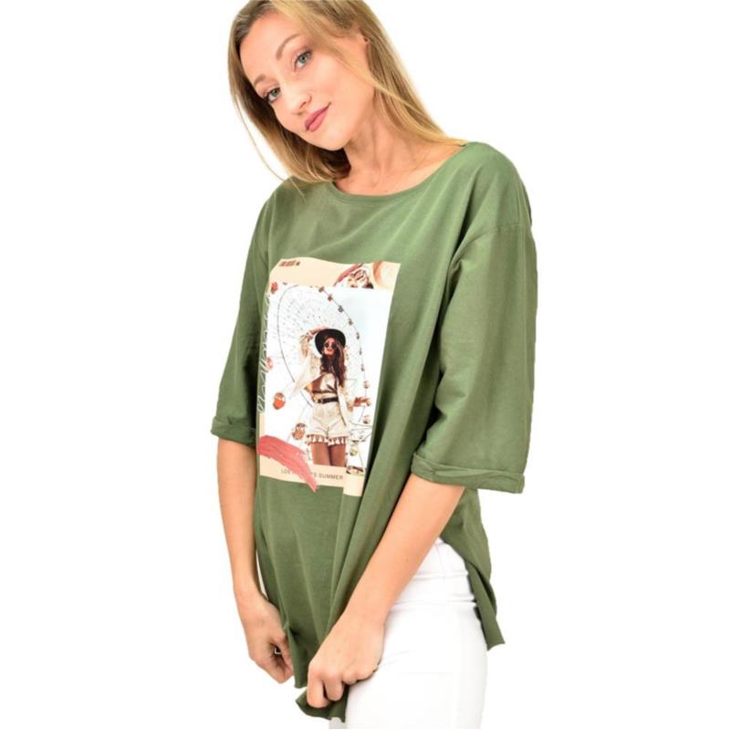 Γυναικεία μπλούζα με τύπωμα oversized Χακί 9725