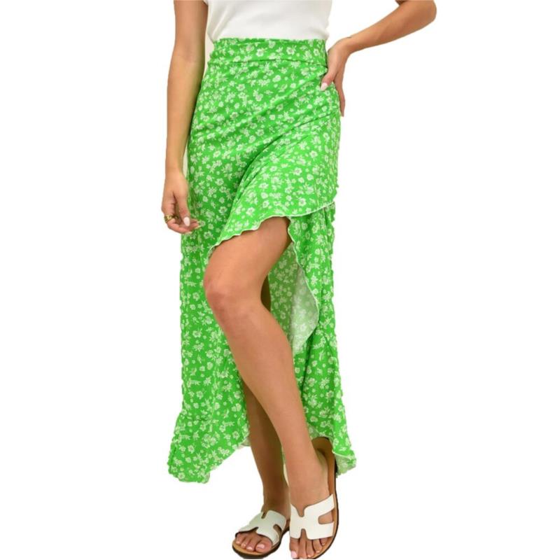 Κρουαζέ φούστα φλοράλ με βολάν Πράσινο 16159