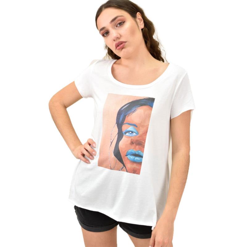 Γυναικείο T-shirt με τύπωμα κοπέλα και στρας Λευκό 15361