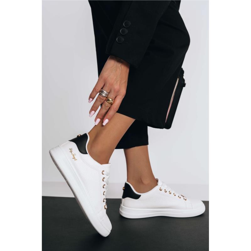 Λευκά/Μαύρα Sneakers με Pattern και Χρυσή Λεπτομέρεια