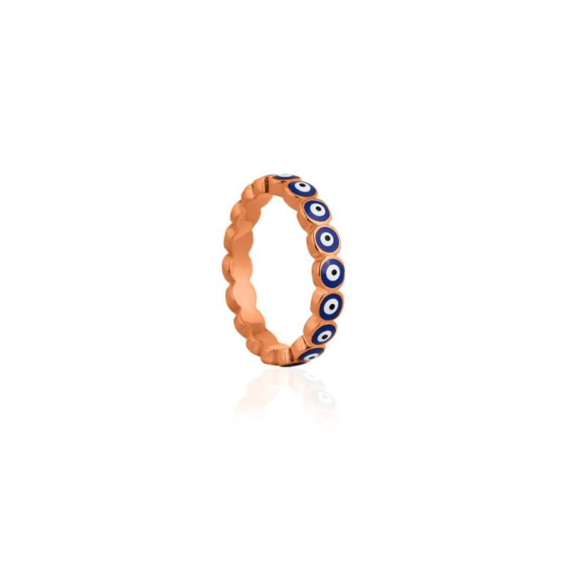 Ασημένιο Δαχτυλίδι με Ματάκι και Μπλε Σμάλτο Επιχρυσωμένο με Ροζ Χρυσό