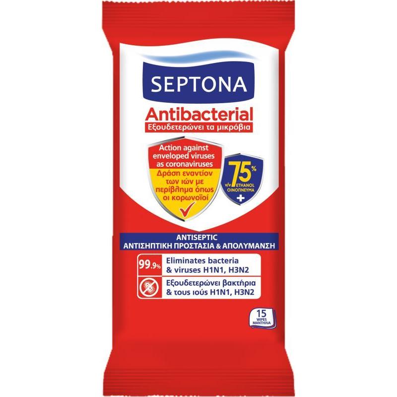 Septona Αντιβακτηριδιακά Μαντηλάκια Refresh 75% Ethanol 15Τμχ (2101030015106)