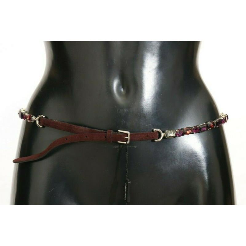 Dolce & Gabbana Brown Leather Purple Crystal Chain Belt IT44