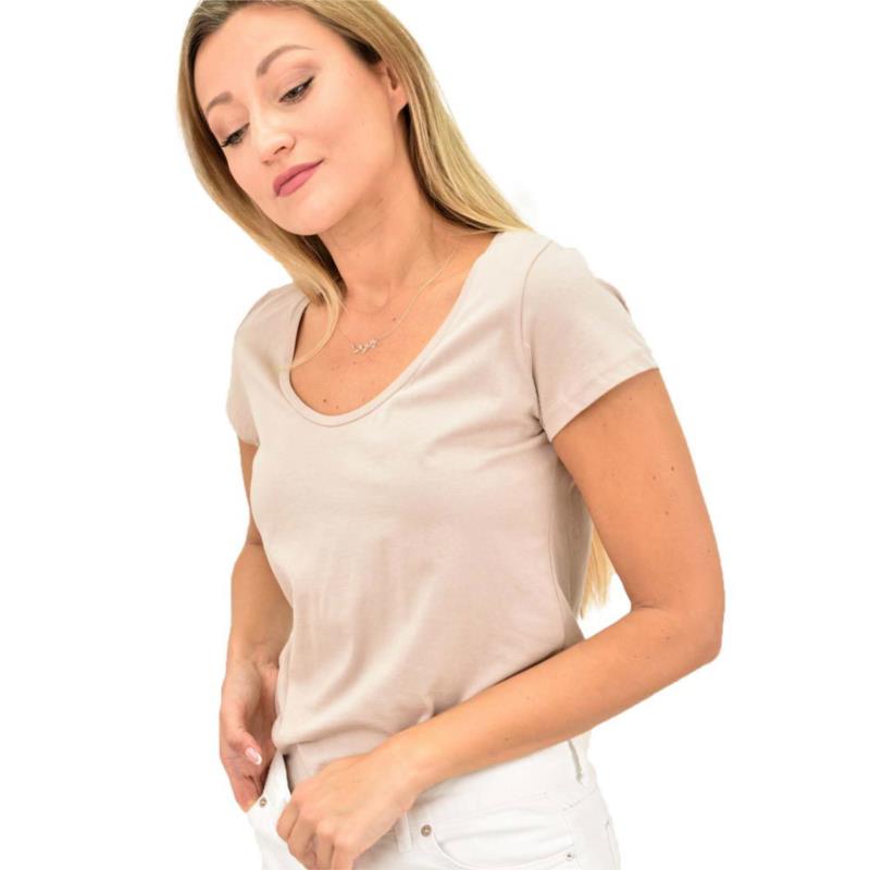 Γυναικεία μπλούζα με στρογγυλή ανοιχτή λαιμόκομψη Μπεζ 13233