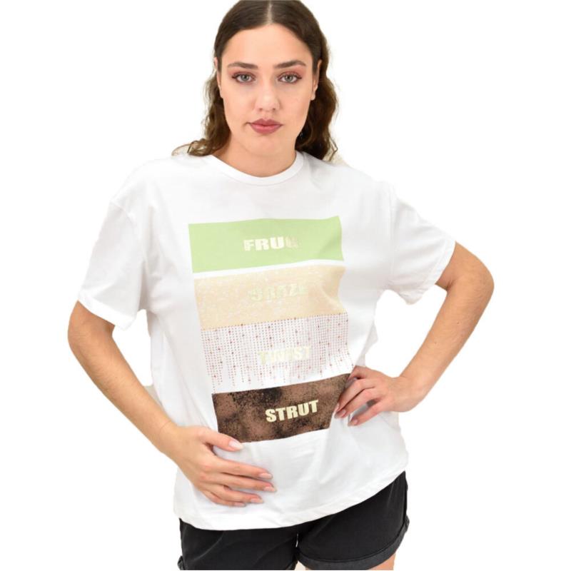 Γυναικείο T-shirt με τύπωμα και στρας Λευκό 15344
