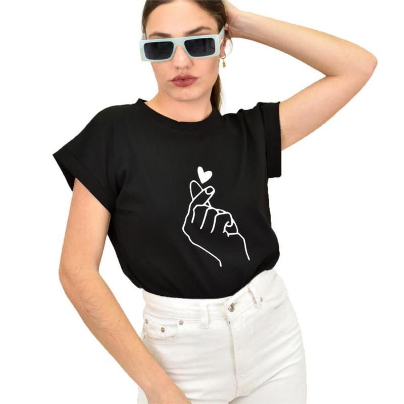 Γυναικείο T-shirt με στάμπα καρδιά Μαύρο 15307