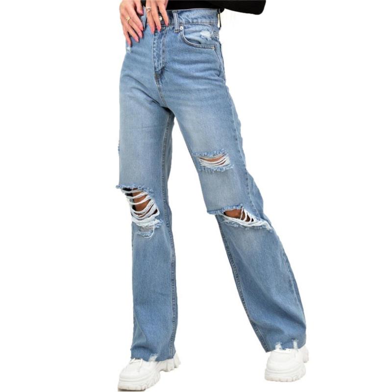 Γυναικείο τζιν παντελόνι straight με σκίσιμο Τζιν 12757