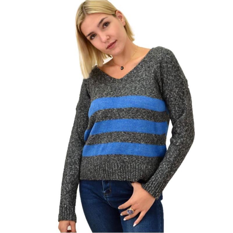 Γυναικείο πλεκτό πουλόβερ με ρίγες Μπλε 17984