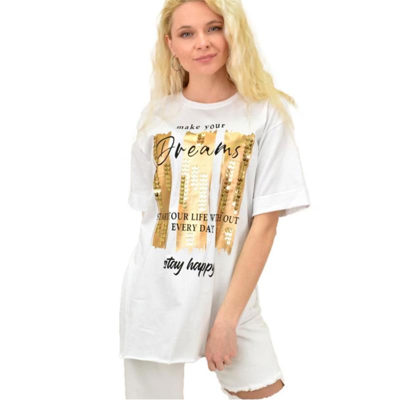 Γυναικείο T-shirt με στάμπα και στρας oversized DREAMS Λευκό 15000