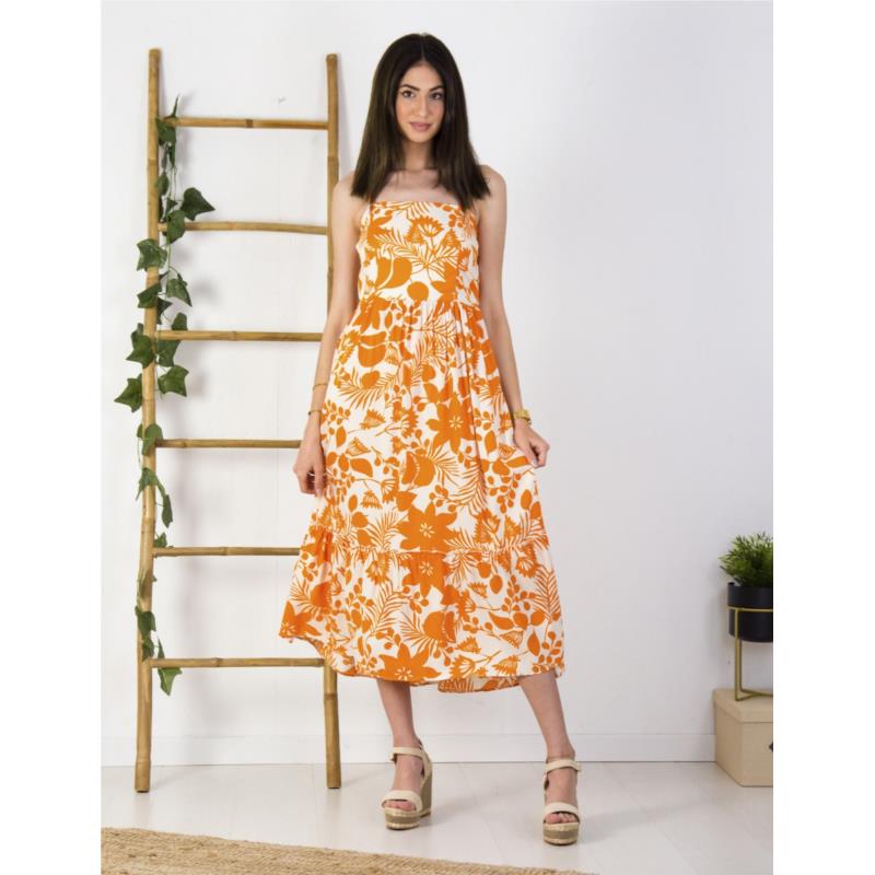 Γυναικείο πορτοκαλί φλοράλ μακρύ φόρεμα 1481P