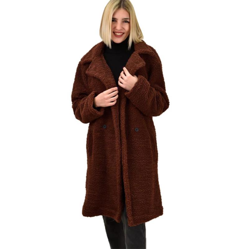 Παλτό γούνα με γιακά και κουμπια Καφέ 9438