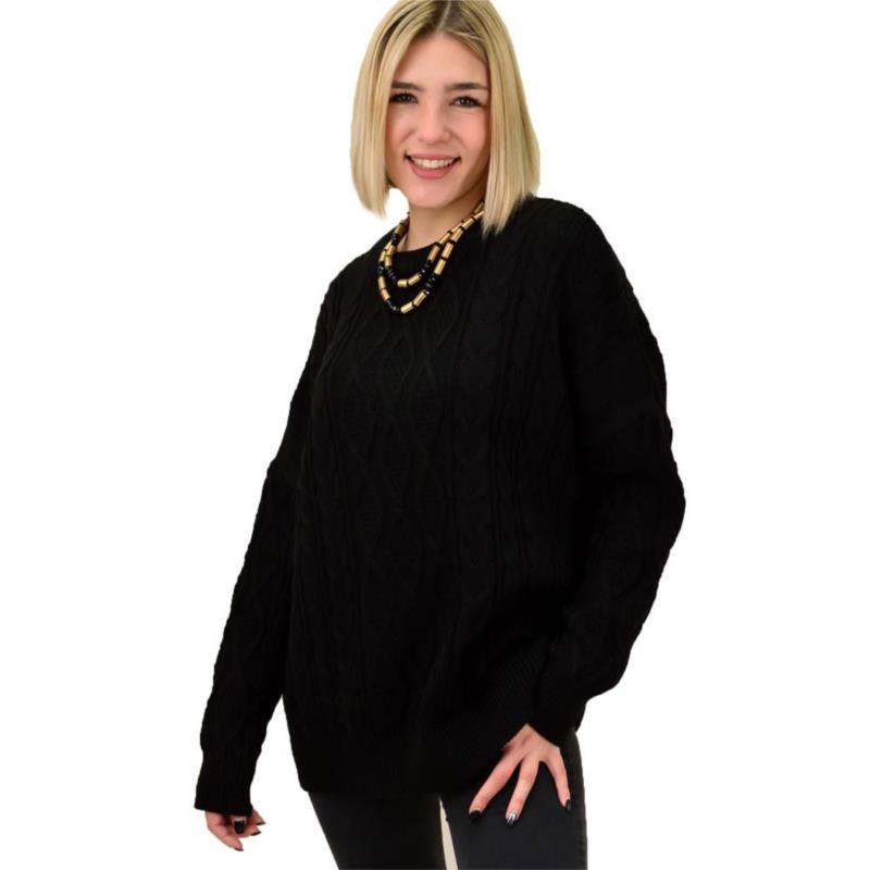 Γυναικείο πλεκτό πουλόβερ με σχέδιο πλεξούδες Μαύρο 18650