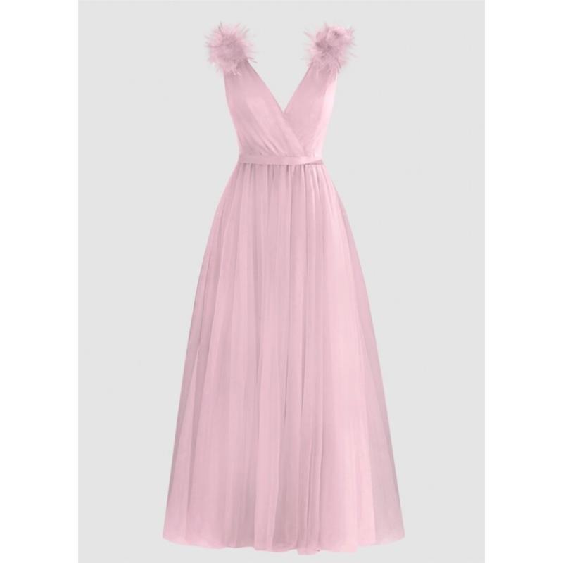 Maxi φόρεμα όλο τούλι με πλούσιο ύφασμα & πούπουλα στους ώμους - Ροζ