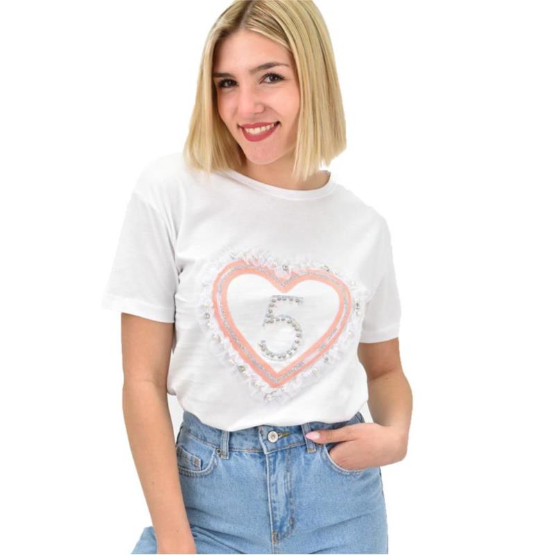 Γυναικείο T-shirt με στρας και σχέδιο καρδιά Λευκό 19373