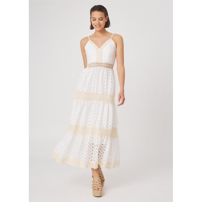 Μακρύ φόρεμα με διάτρητα σχέδια - Λευκό