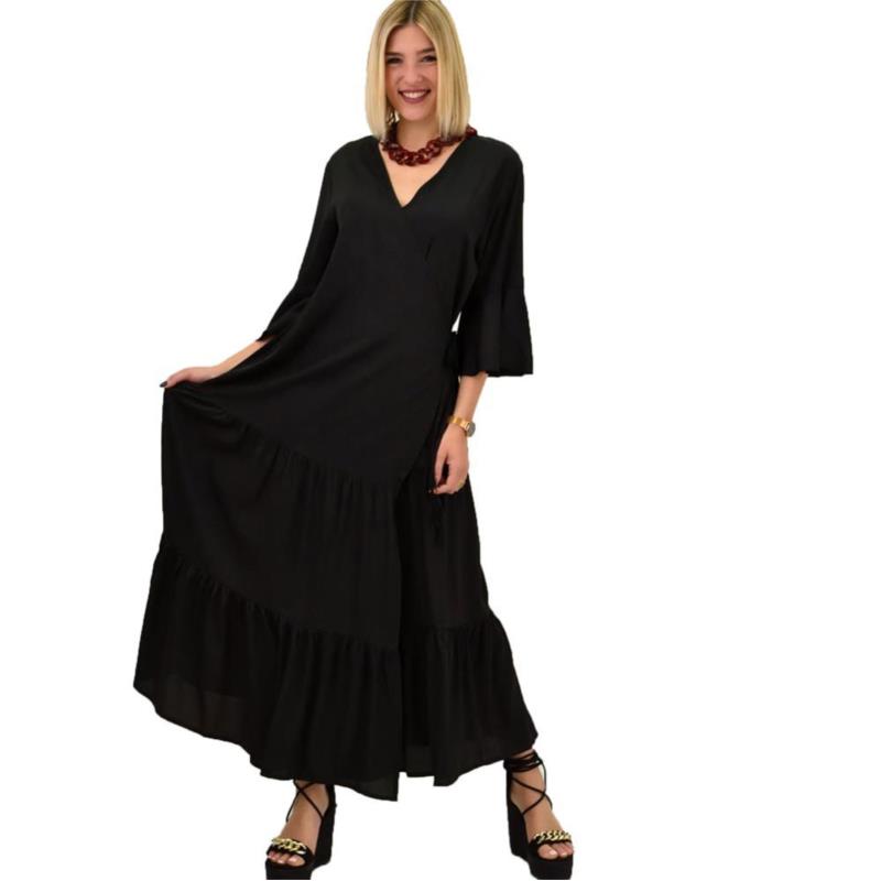 Γυναικείο φόρεμα κρουαζέ με ζωνάκι και 3/4 μανίκι Μαύρο 20530