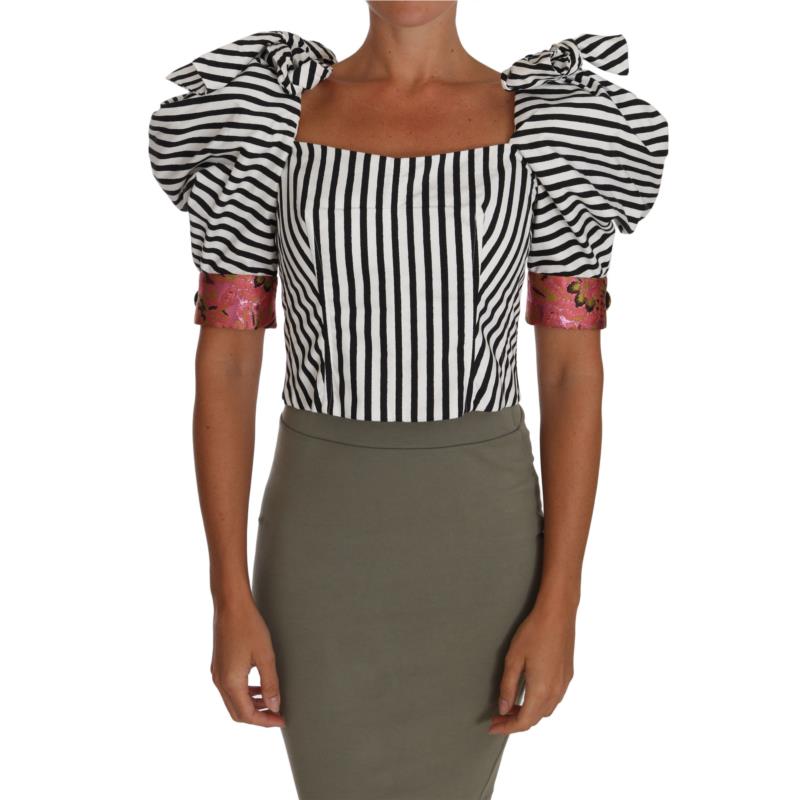 Dolce & Gabbana White Black Striped Cropped Top Puff Sleeve Shirts IT44