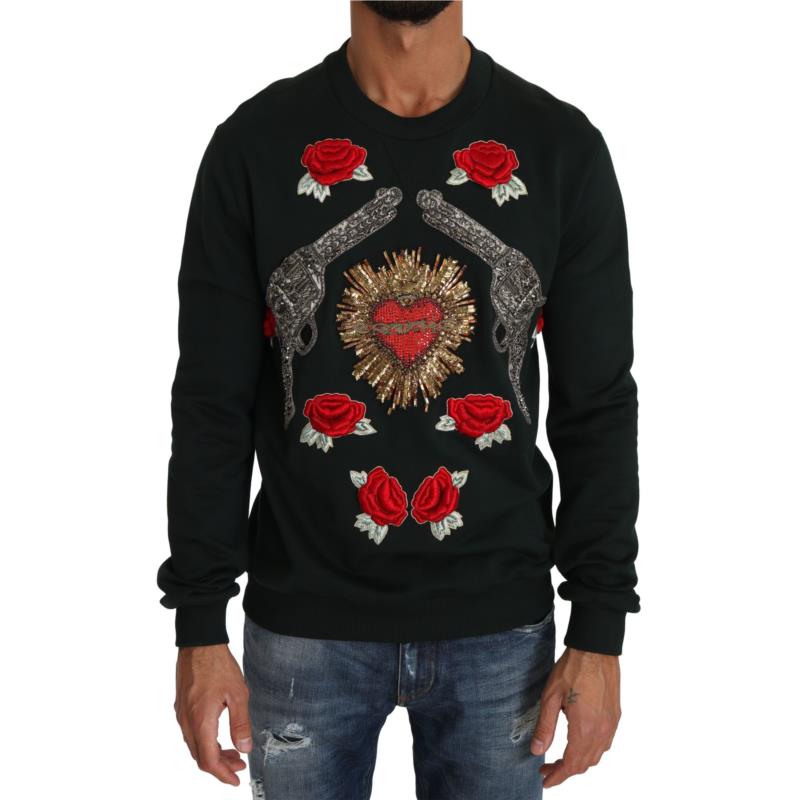 Dolce & Gabbana Green Crystal Heart Roses Gun Sweater TSH2519-44 8057001109432 IT50