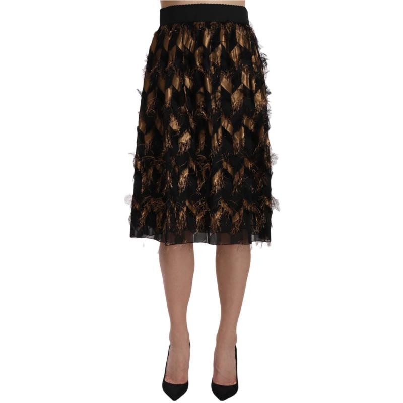 Dolce & Gabbana Black Gold Fringe Metallic Pencil A-line Skirt IT44