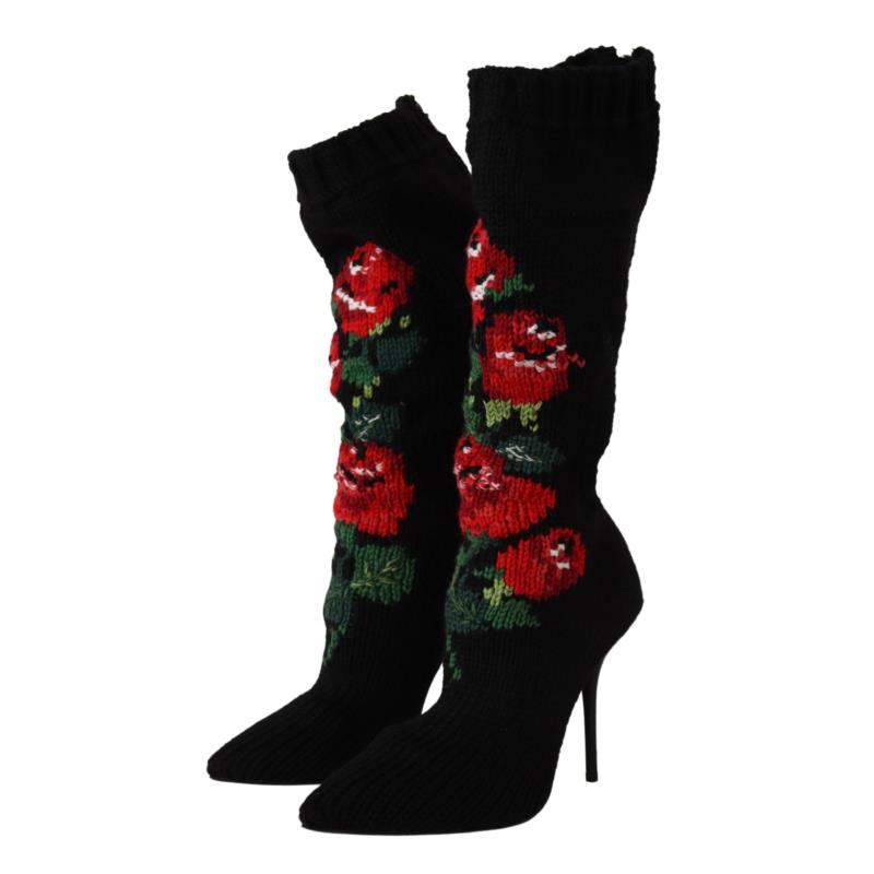 Dolce & Gabbana Black Stretch Socks Red Roses Booties Shoes EU40.5/US10