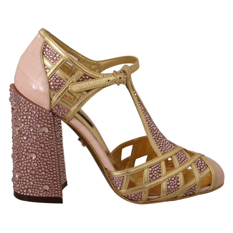 Dolce & Gabbana Pink Gold Leather Crystal Pumps T-strap Shoes LA9011 EU37/US6.5