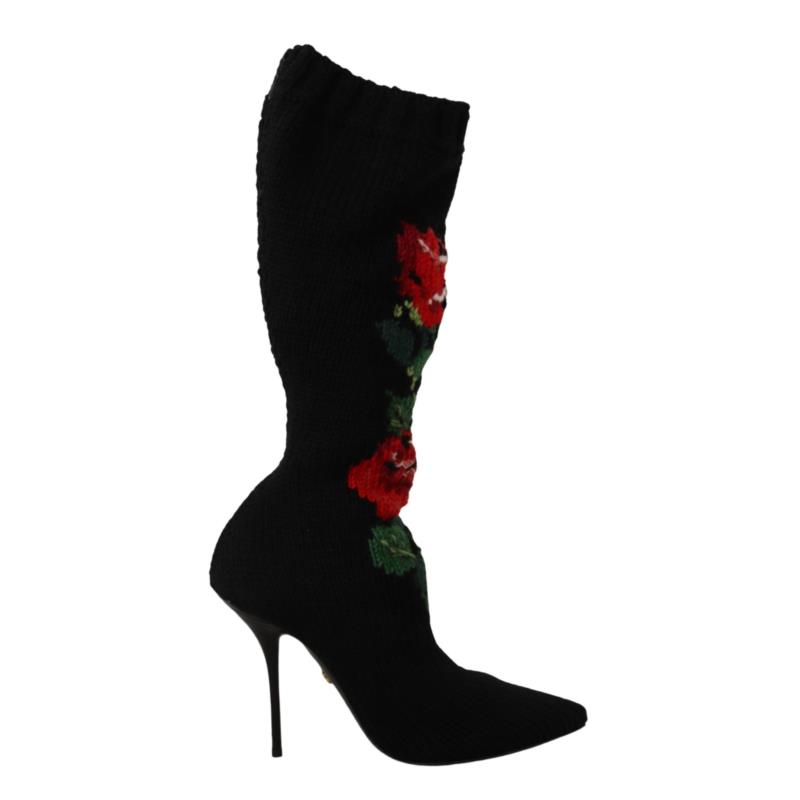 Dolce & Gabbana Black Stretch Socks Red Roses Booties Shoes EU36/US5.5