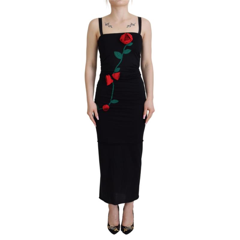 Dolce & Gabbana Black Sheath Bodycon Stretch Roses Dress IT42