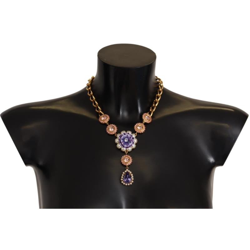 Dolce & Gabbana Gold Brass Crystal Purple Pink Pearl Pendants Necklace One Size