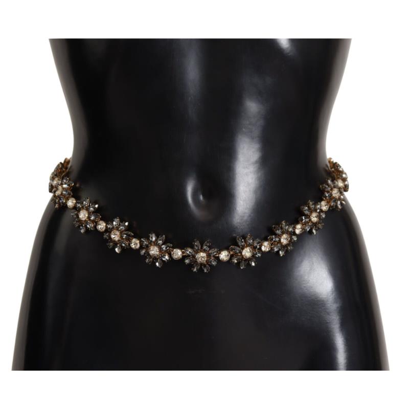 Dolce & Gabbana Black Daisy Crystal Dauphine Texture Belt 75 cm / 30 Inches