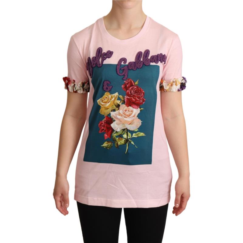 Dolce & Gabbana Pink Cotton Floral Roses Crewneck T-shirt IT36