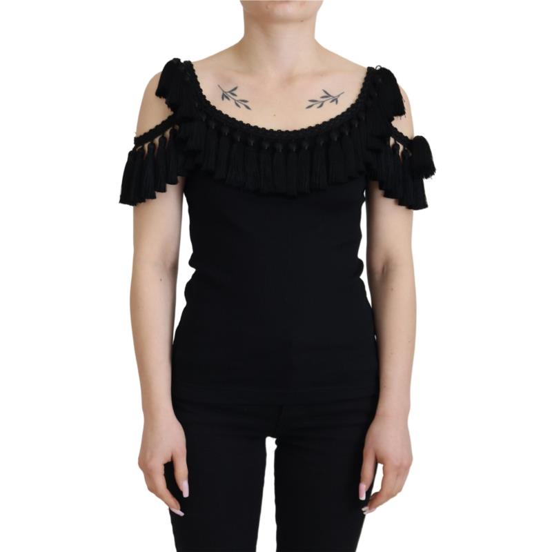 Dolce & Gabbana Black Tank Top Blouse Tassle Cotton Blouse IT38
