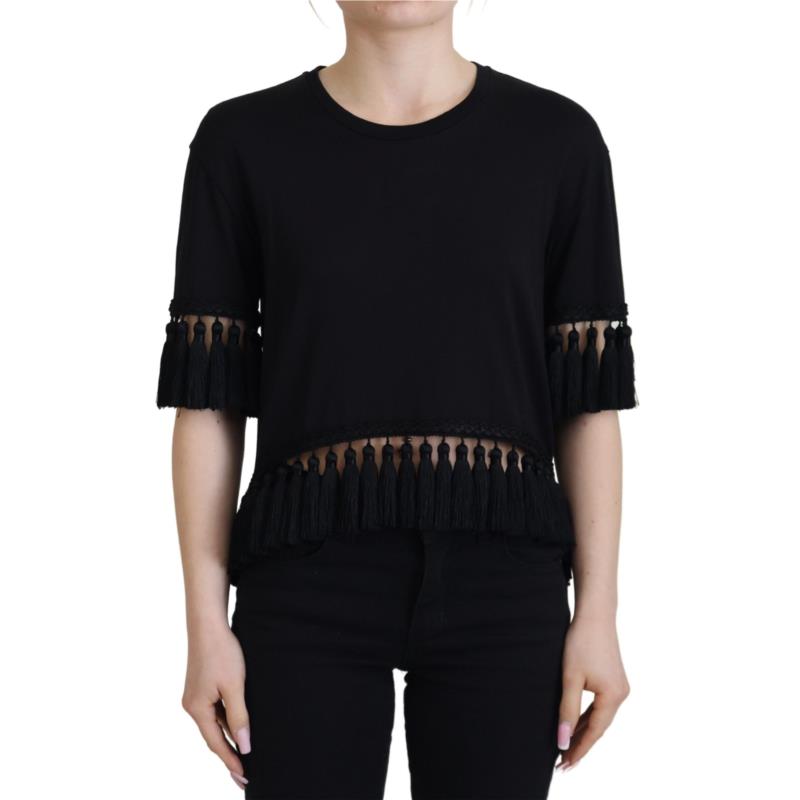 Dolce & Gabbana Black T-shirt Blouse Tassle Cotton Blouse IT38