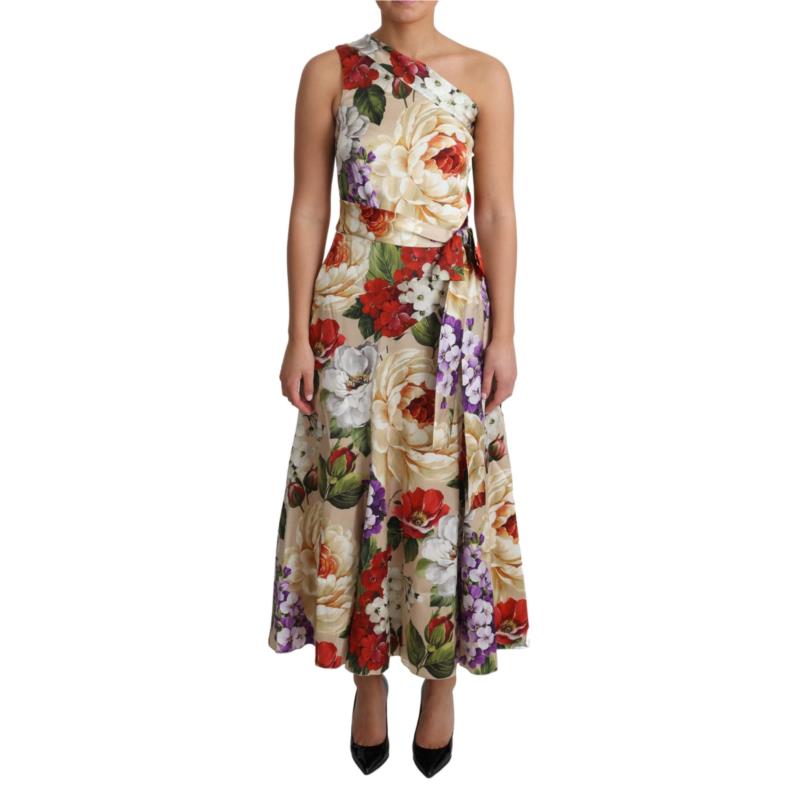 Dolce & Gabbana Print Silk Stretch One Shoulder Dress Floral DR28014 IT42