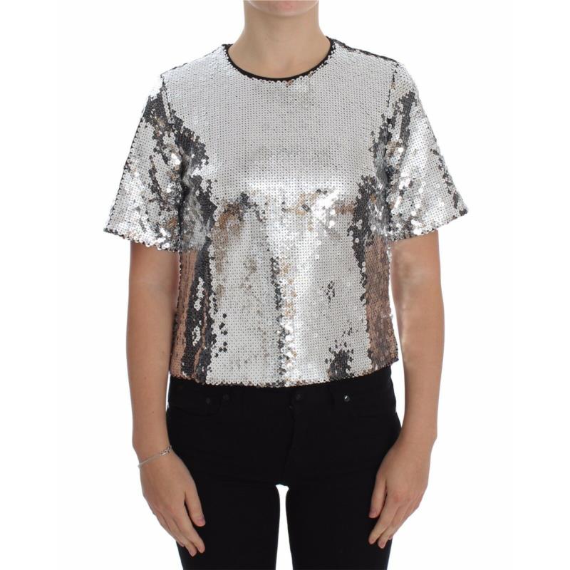 Dolce & Gabbana Silver Sequined Crewneck Blouse T-shirt Top IT44