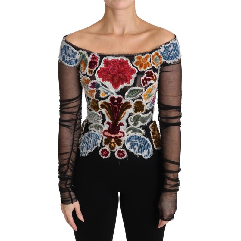 Dolce & Gabbana Black Floral Ricamo Top T-shirt Blouse TSH3085 IT42