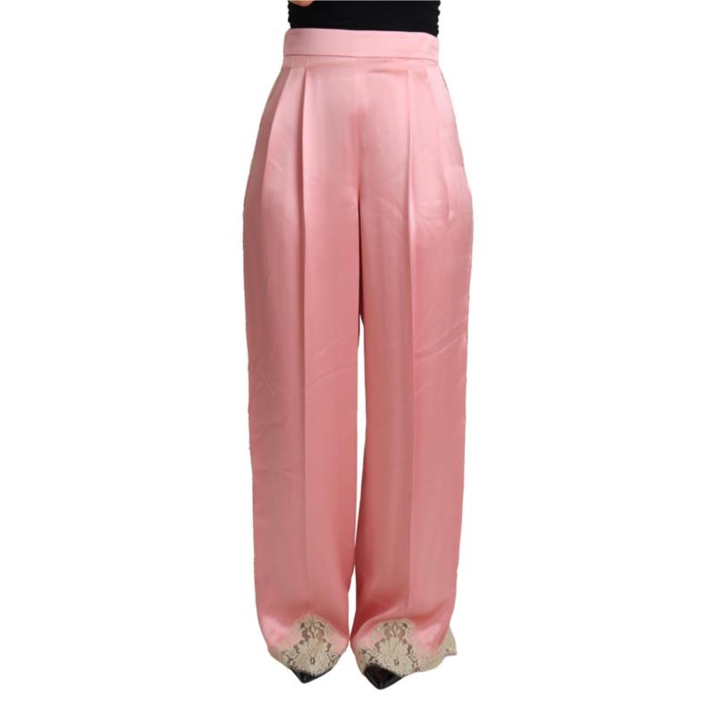 Dolce & Gabbana Pink Lace Trimmed Silk Satin Wide Legs Pants IT40