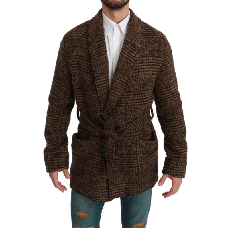 Dolce & Gabbana Brown Checkered Wool Robe Coat Wrap Jacket IT46
