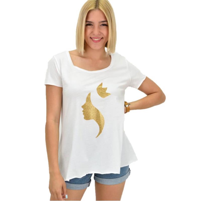 Γυναικεία μονόχρωμη μπλούζα με χρυσό τύπωμα Λευκό 20993