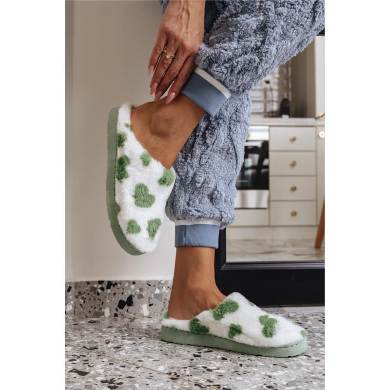 Πράσινες/Λευκές Γούνινες Παντόφλες με Print