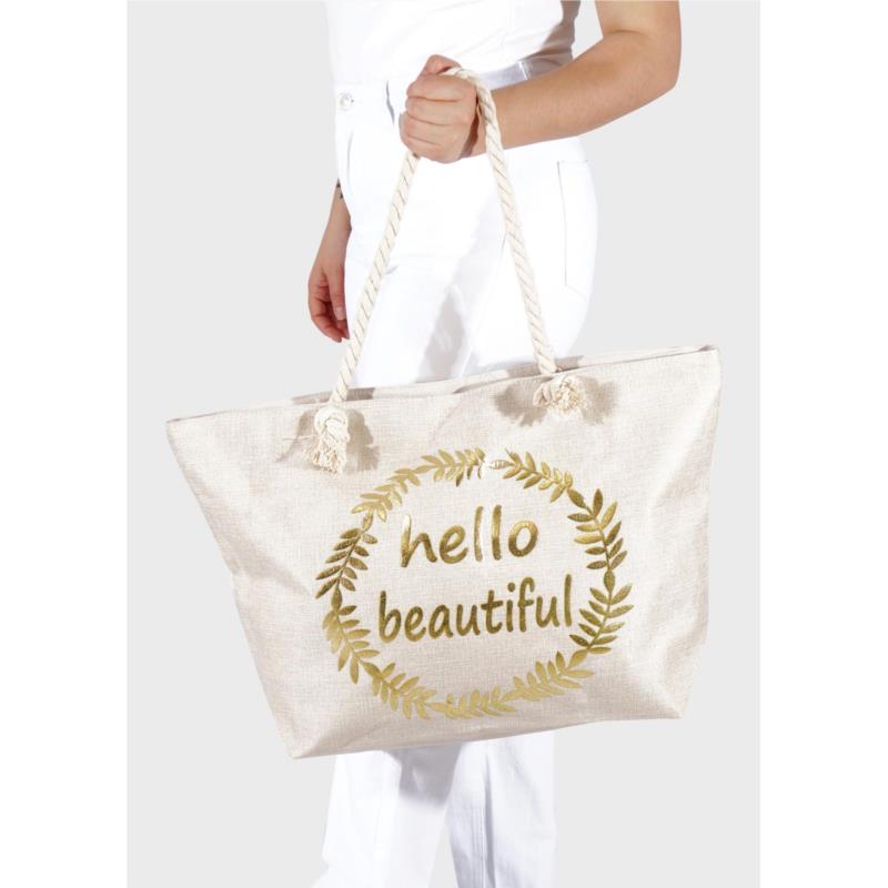 Γυναικεία τσάντα θαλάσσης "HELLO BEAUTIFUL" extra τσαντάκι. Summer Collection SAND