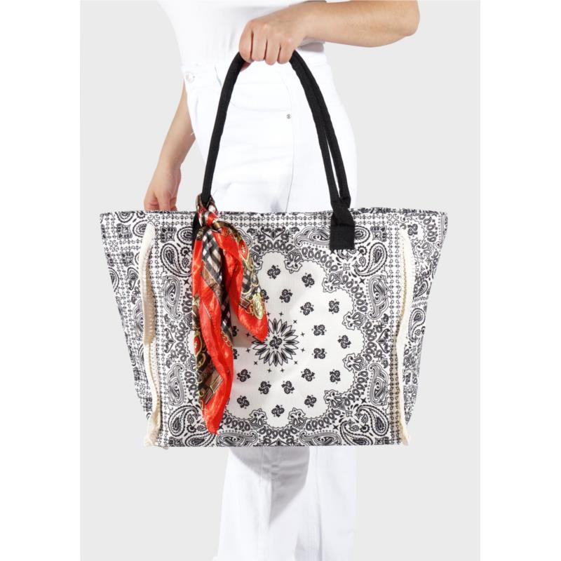Γυναικεία τσάντα θαλάσσης all print φουλάρι στο λουράκι ΜΑΥΡΟ