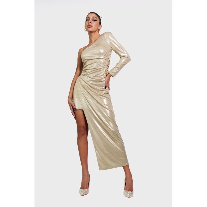 Χρυσό Maxi Φόρεμα με Έναν Ώμο & Πλαίνο Σκίσιμο