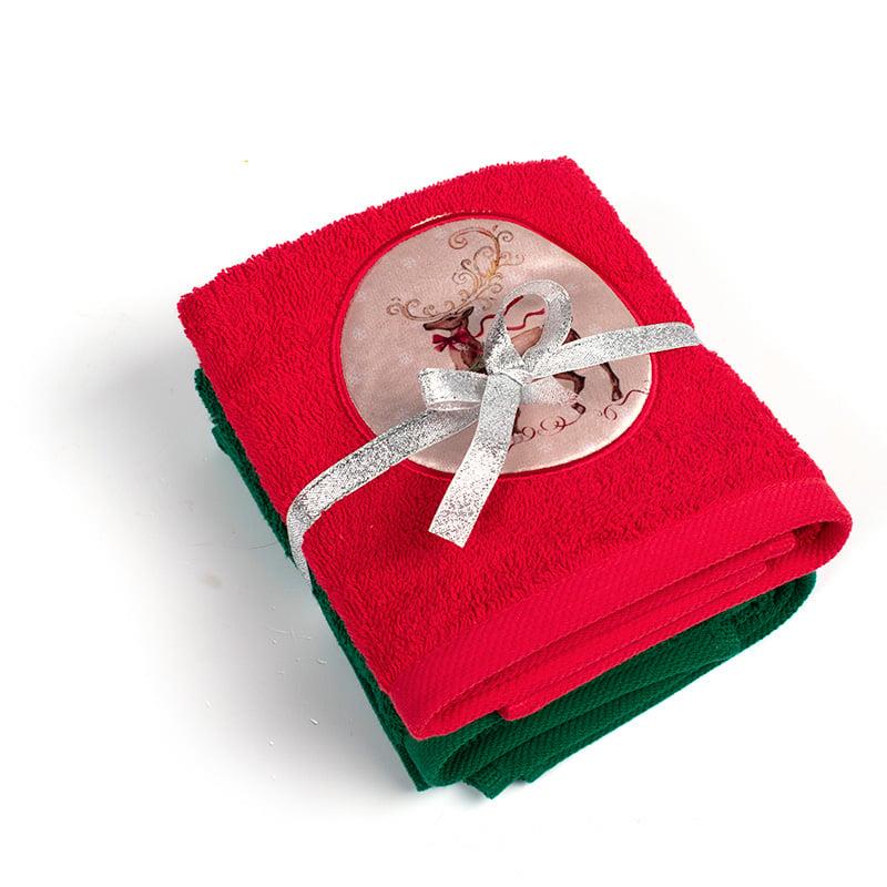 Χριστουγεννιάτικες Πετσέτες (Σετ 2 Τμχ) 40X60 Dimcol Τάρανδος Κόκκινο-Πράσινο (40x60)