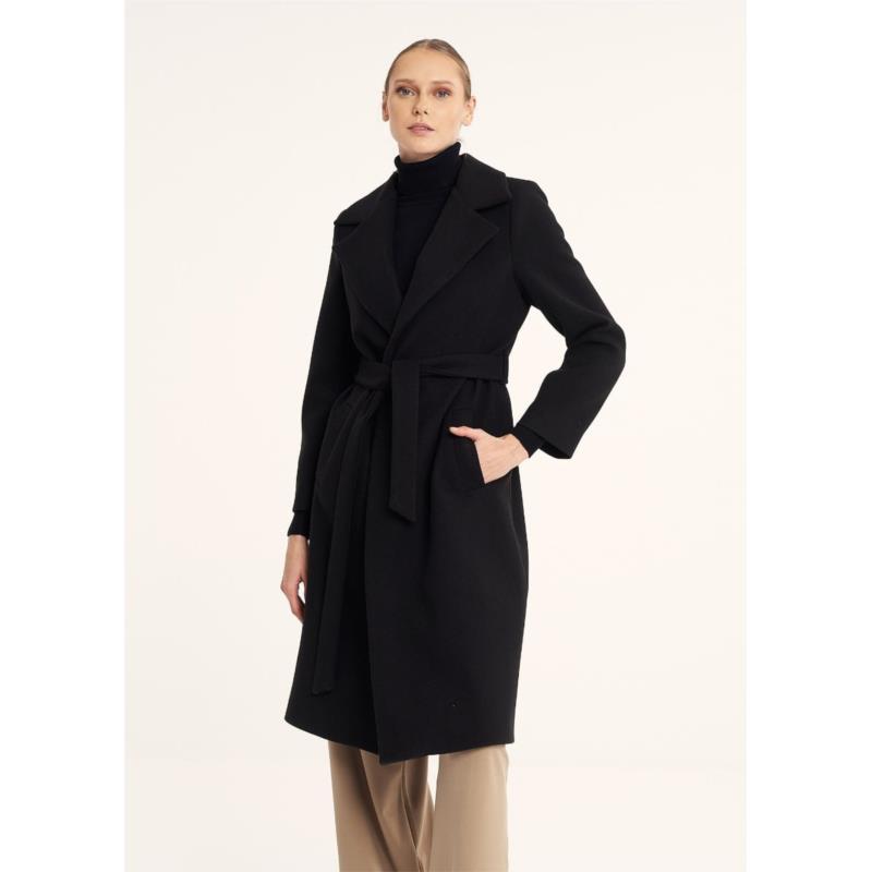 Παλτό με ζώνη και μάλλινη υφή - Μαύρο