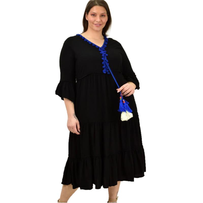 Γυναικείο φόρεμα με πον - πον για μεγάλα μεγέθη Μπλε 10737