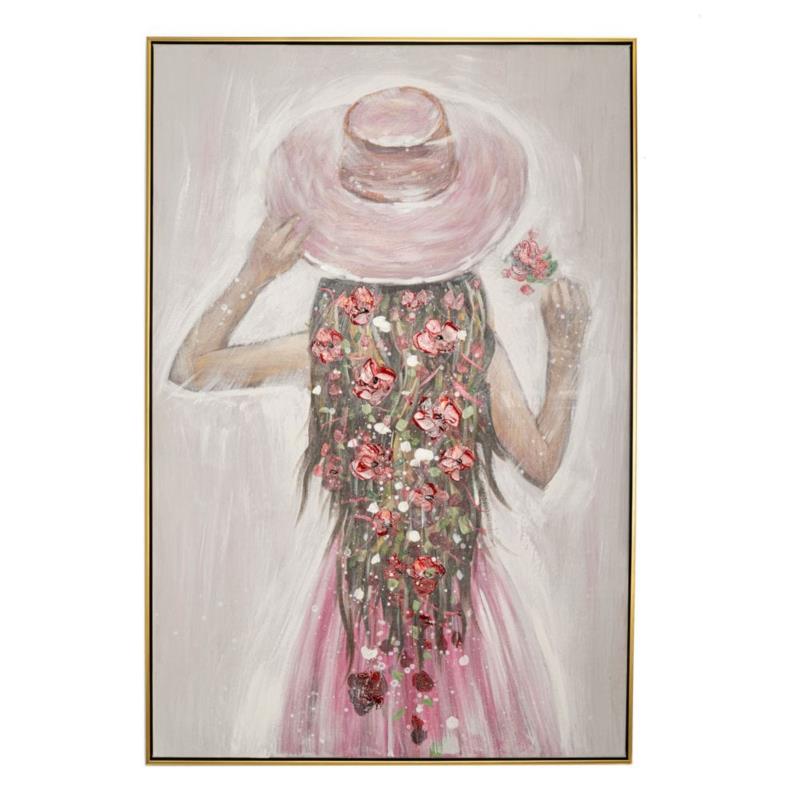 πινακασ ελαιογραφια σε τυπ νο καμβα γυναικα με ροζ καπελο και φορεμα σε χρυση κορνιζα 82χ4χ122εκ 84824 ηλιαδησ