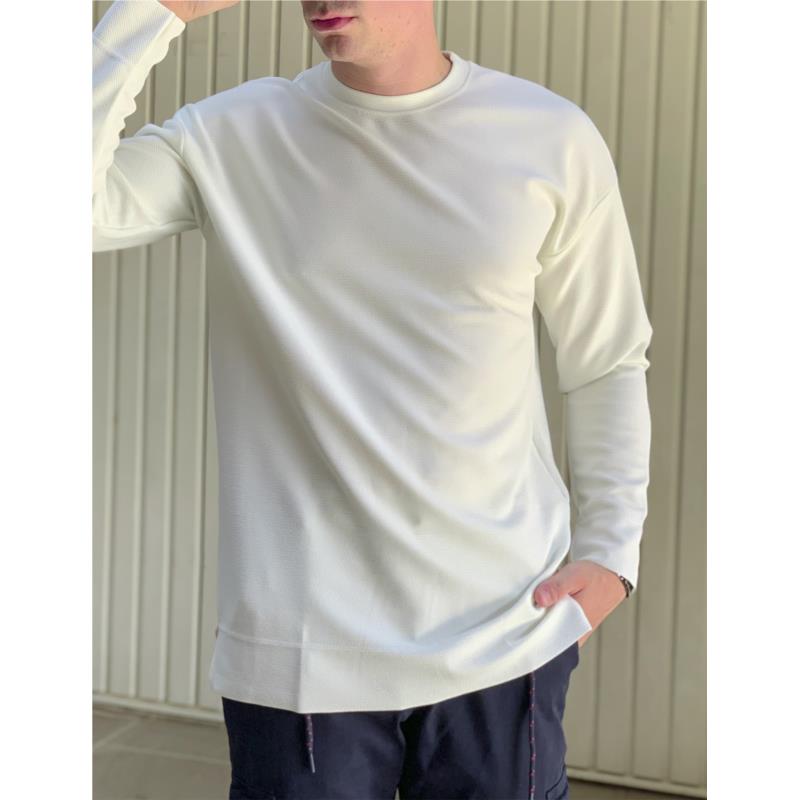 Ανδρική λευκή μακρυμάνικη oversized μπλούζα με σαγρέ ύφασμα 1614W