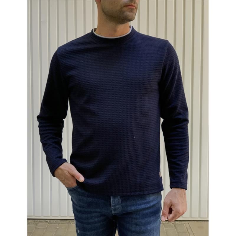Ανδρική μπλε σκούρο μακρυμάνικη μπλούζα με ανάγλυφο σχέδιο MAJE100N